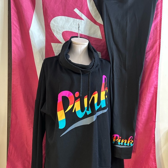 PINK Victoria's Secret Pants - Black Hoodie and leggings Set with Rainbow Logo